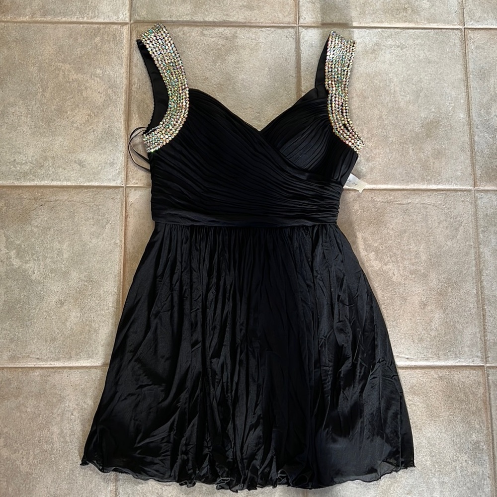 La femme black mini cocktail dress with rhinestone trim